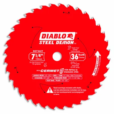 DIABLO Circular Saw Blade: 7 1/4 in Blade Dia., 36 Teeth, 0.08 in Cut Wd, 5/8 in Arbor Size - Steel & General Metal-Cutting Blades