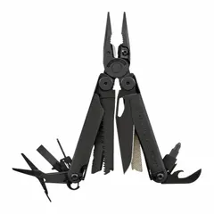 Full-size multi-tool with 18 tools and 18 functions, including stainless steel pliers, 420HC knife, can opener, and bottle opener. Closed length of 4 inches with a black finish. Suitable for cutting, gripping, and general repair tasks in maintenance and field service applications.