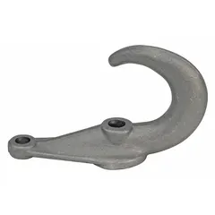 Forged steel tow hook with an overall length of 8 1/2 inches and width of 5 1/2 inches, finished in silver. Used for vehicle recovery and towing applications, providing a secure attachment point for tow straps or chains.