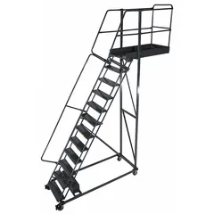 This unsupported cantilever ladder from BALLYMORE provides a 12.5 ft platform height for accessing elevated work areas. Constructed of steel with a gray finish, it includes double handrails and locking casters for stability. Supplied unassembled, it is suitable for use in warehouses, factories, and maintenance facilities.
