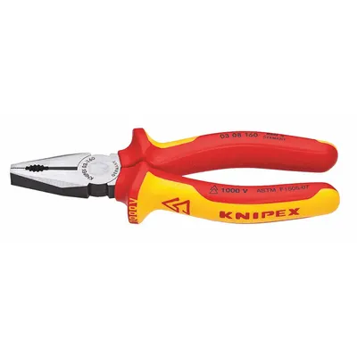 KNIPEX Linemans Plier: Insulated, Flat, 6 1/4 in Overall Lg, 1 3/8 in Jaw Lg - Multipurpose Insulated Lineman's Pliers