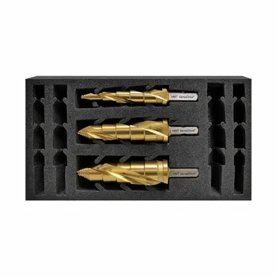 HOLEMAKER TECHNOLOGY Step Drill Bit Set: 3 Pc, 5/16" to 1-1/16", TiN-Coated HSS - VersaDrive Impact-Rated High-Speed Steel Step Drill Bit Sets