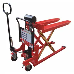 Manual high-lift pallet jack with steel standard forks measuring 44 in length by 27 in width. Features a D-shaped handle and foot pump lift control. Used for lifting and moving palletized loads in warehouses, distribution centers, and manufacturing facilities.