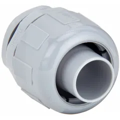 Straight, non-insulated, gray nylon liquid-tight conduit fitting with 3/4 in male NPT threads. UL Listed for use with flexible liquid-tight non-metallic conduit. Provides a sealed connection to enclosures or junction boxes in applications requiring protection against moisture and contaminants.