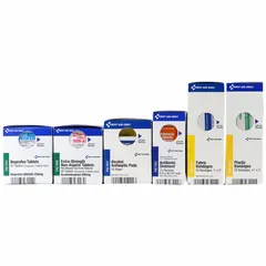 This unitized first aid refill serves 50 people with 120 components, including 50 adhesive bandages, 10 antibiotic ointment packets, and 20 ibuprofen. It is OSHA compliant and latex free, but not ANSI compliant or water resistant. Suitable for business workplaces requiring OSHA-compliant first aid supplies.