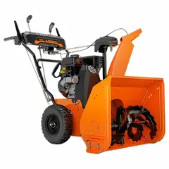 This ARIENS gas-powered snow blower is equipped with a 4-cycle engine and variable speed settings. It is designed for clearing snow from driveways, sidewalks, and parking lots. The unit features a 205° chute turning radius for directional snow discharge.