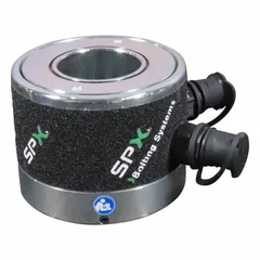 Spring return bolt tensioner with 4.652 sq in hydraulic area. Used for controlled tensioning of bolted connections in flanged joints, pressure vessels, and heavy machinery. Spring-return mechanism retracts piston automatically for repetitive operation.
