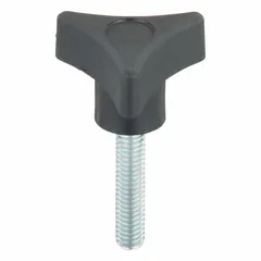 This 3-arm knob features a 1.75 in diameter plastic body with a steel threaded stud (5/16"-18). It is used for manual clamping, positioning, and adjustment on industrial machinery, jigs, and fixtures. The three-arm design provides a secure grip for frequent hand-tightening applications.