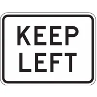 This aluminum keep left sign measures 18 in x 24 in with a thickness of 0.08 in. It features a High-Intensity Prismatic retroreflective grade and is designed to direct traffic to pass on the left side of an obstruction. Commonly used in construction zones, parking lots, and roadway maintenance areas