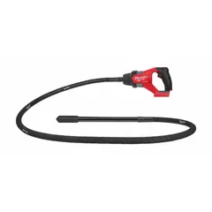 This handheld concrete vibrator operates on 18V DC power and is supplied as a bare tool (battery and charger sold separately). It features an 8 ft length, 1 in diameter, and 4 in radius. Used to consolidate freshly poured concrete, removing air pockets and ensuring uniform density in slabs, columns, and foundations.