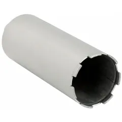 This diamond-tipped core bit is designed for dry coring in brick material. It creates clean, precise holes for plumbing, electrical, or HVAC penetrations in masonry walls. The bit has a 4-inch core diameter, 10-inch maximum drilling depth, and 10-inch overall length.