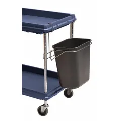 This black plastic basket is designed for use with METRO BC2030 utility carts with plastic or wire shelves. It holds up to 25 lb and is compatible with cart models 8URD4, 56MX30, 9CD06, 8HD66, 56MX31, and 56MX34. Suitable for organizing supplies in commercial and industrial settings.
