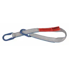 Polyester web sling with protected-edge universal link design for lifting and rigging. Single ply construction, 7 ft sling length, 12 in eye length, silver color. Partially sewn construction with standard tag.