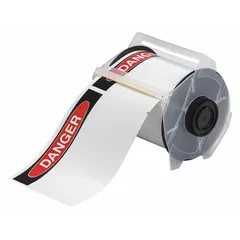 White vinyl label roll with DANGER header, precut to 4 in x 6 1/4 in and 6 1/4 in x 4 in sizes. Features acrylic adhesive for bonding to various surfaces. Compatible with GlobalMark 2 printer series. Used for creating safety signs to mark hazards in industrial environments.
