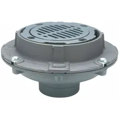 Cast iron area drain with a slotted top and 12-inch overall diameter. Includes Sur-Set bucket. No Hub connection for 4-inch nominal pipe size. Used for floor drainage in commercial and industrial settings such as parking garages, loading docks, and utility rooms.