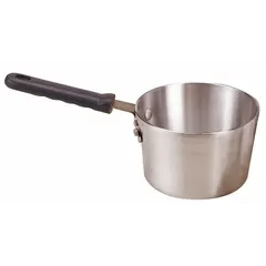 This 5.5 qt sauce pan is made of aluminum with a silver finish and a straight body style. It features a riveted silicone handle that remains cool during stovetop use. NSF certified, suitable for commercial kitchens and foodservice operations.
