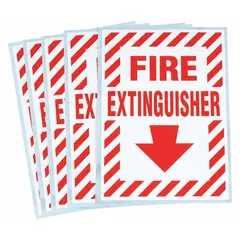 Adhesive-mounted vinyl fire extinguisher sign, 7 in x 5 in nominal size, not retroreflective, supplied in a 5-pack. Suitable for indoor use in well-lit areas where permanent marking is required. Non-glow-in-the-dark, non-anti-slip surface.