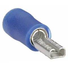 Blue vinyl partially insulated female quick disconnect socket for 16 AWG to 14 AWG wire. The partial insulation protects against accidental contact while leaving the crimp barrel exposed for easy termination. Used for creating removable electrical connections in control panels, appliances, and industrial equipment.