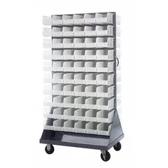 This mobile louvered rack includes 120 clear bins (5-1/2 in wide, 10-7/8 in deep, 5 in high) for organizing small parts. The gray steel frame features a pull handle and two swivel casters for easy repositioning in workshops or warehouses.