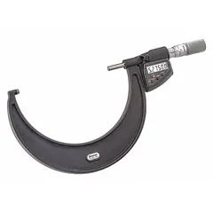 Digital outside micrometer with SPC output for harsh environments. Range 75 mm to 100 mm (2 19/20 in to 3 93/100 in), resolution 0.001 mm / 0.00005 in, accuracy ±0.004 mm. IP67 rated for wet, dusty, or oily conditions. Includes Certificate of Inspection.