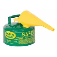 Type I safety can for handling and dispensing flammable liquids such as oil. Constructed from powder coated steel with a 1 gallon capacity. Includes a funnel for controlled pouring. Suitable for use in industrial settings like machine shops and maintenance areas