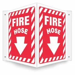 V-shaped projection sign for marking fire hose locations. Made of 0.06 in thick PETG with mounting holes for installation. Nominal size 12 x 14 in. Not retroreflective and does not glow in the dark.