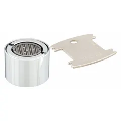 Brass laminar flow outlet with chrome finish. Features a 13/16"-24 female UNS connection and includes a spanner wrench. Used in commercial faucets to reduce splashing and provide a smooth, non-aerated stream.