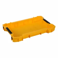 This yellow plastic tool tray is designed for use within ToughSystem 2.0 toolboxes to add organized storage space. It measures 18 7/16 inches wide, 2 3/8 inches high, and 18 inches long, suitable for separating small parts, fasteners, or hand tools in modular storage systems.