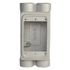 This rectangular iron weatherproof electrical box from APPLETON ELECTRIC is designed for outdoor or damp-location installations. It accommodates single-gang wiring connections, switches, or receptacles in conduit systems. The box features a 1/2 in hub and 18 cu in capacity, with a gray finish.