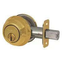This standard cylindrical deadbolt lock is designed for interior or exterior doors with thickness up to 1 3/8 in. It features a bright brass-plated, clear-coated finish and a KW1 keyway. Suitable for basic access control in commercial and industrial settings such as offices, storage rooms, or light-traffic entryways