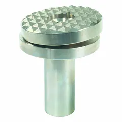 Swivel load cap accessory for 150-ton hydraulic rams. Designed for use with SIMPLEX POW'R-RISER cylinder series. Provides a pivoting contact surface to distribute load evenly and reduce side-load stress on the ram.