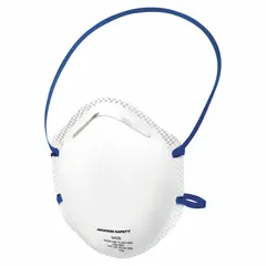 This N95-rated disposable respirator features a molded design with a metal nose clip and a standard face seal. It uses dual non-adjustable headstraps for a secure fit. Suitable for reducing exposure to airborne particles in industrial environments such as machining, material handling, and general maintenance.