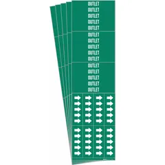 Green pipe markers with white 'Outlet' legend and directional arrows. Each marker fits 3/4 in and smaller pipe outer diameter. Pack of 5. Used to identify outlet piping in industrial systems.