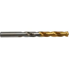 General-purpose high-speed steel jobber-length drill bit with a 5/32" diameter and 135° split point. Titanium nitride (TiN) tip coating reduces friction and extends tool life. Suitable for drilling in metal, wood, and plastics in production and maintenance applications.