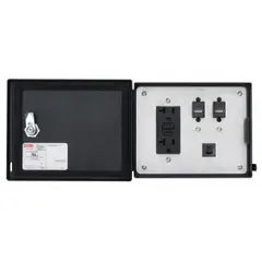 This USB panel interface combines a 120V GFCI receptacle with two USB Type A ports for power and charging. It features a 5 A reset and is rated IP66 for protection against dust and water jets. Suitable for panel mounting in industrial environments requiring a sealed power and data interface.