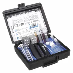 This test kit measures pH (6.8 to 8.2), free and total chlorine (0.2 to 3.0 PPM), total alkalinity and calcium hardness (60 to 400 PPM), and cyanuric acid. Sensitivity is 0.1 pH, 0.2 ppm, and 60 PPM for alkalinity and calcium hardness. Includes an Acid Demand Calculator and a Test Tube Brush. Suitable for routine pool water analysis.