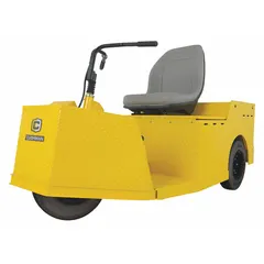 DC battery-powered cargo carrier with hand-operated mechanical system and pedal control. Features front and rear wheel hydraulic drum brakes and torsion block front suspension. Used for moving materials in industrial facilities, warehouses, and manufacturing plants.