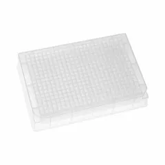 Colorless polystyrene 384-well plate with square wells, each 0.2 mL capacity and 3.6 mm diameter. RNase/DNase free. Used in high-throughput screening, sample storage, and assay workflows.