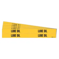 Yellow adhesive pipe marker with black legend text reading 'Lube Oil'. Fits pipe outer diameters from 3/4 to 2-3/8 inches. Each pack contains 4 markers without directional arrows, sold in a 5-pack. Used to identify pipes carrying lubricating oil in industrial facilities for safety and maintenance.