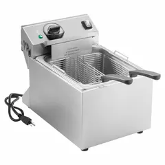Countertop electric fryer with a single fry pot and 10 lb capacity. Suitable for deep frying foods in commercial kitchens. Measures 10 3/4 in wide, 17 1/8 in deep, 12 5/8 in high. Operates on 120V AC.