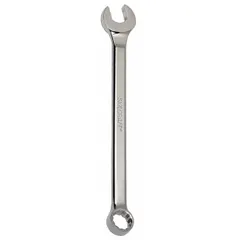 This SAE 12-point combination wrench is made of alloy steel with a chrome finish. It features a 1-inch head size and a 14-inch overall length with an offset design. Used for tightening or loosening fasteners in maintenance, repair, and assembly tasks.