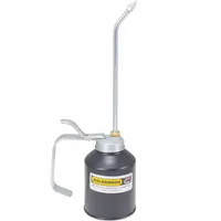 This lever-grip oil dispenser has a 12 fl oz capacity and a rigid 8-inch spout. The steel body is finished with powder-coated copper bronze. It includes a replacement spout and features tips on straight and angle spouts with an oil cup cap lifter for precise lubrication of machinery