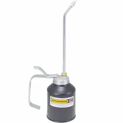 This lever-grip oil dispenser has a 12 fl oz capacity and a rigid 8-inch spout. The steel body is finished with powder-coated copper bronze. It includes a replacement spout and features tips on straight and angle spouts with an oil cup cap lifter for precise lubrication of machinery.