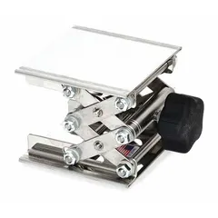 Stainless steel lab lift with adjustable height from 2 1/2 in to 5 in and a 4 x 4 in platform. Used to safely raise and position laboratory equipment, glassware, or containers within a workspace.