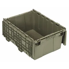 This 9.5-gallon plastic tote features an attached two-piece lid and a gray body. It is designed for organizing and storing parts, tools, or inventory in industrial warehouses, manufacturing facilities, and distribution centers. The tote works with bin storage systems and shelving.