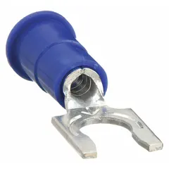 Insulated fork terminal from the 3M TR Series with vinyl insulation, rated for 1000V. Features a locking fork design for #10 studs and a funnel barrel for easy wire insertion, accommodating 16 AWG to 14 AWG wire. Suitable for use in control panels, electrical distribution, and maintenance applications requiring secure connections.