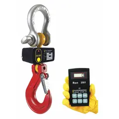 This crane scale has a 30,000 lb capacity with +/-0.1% accuracy and 10 lb readability. The alloy steel housing supports heavy industrial weighing in manufacturing, warehousing, and shipping. A wireless remote indicator enables safe operation from a distance. Complies with FCC standards.