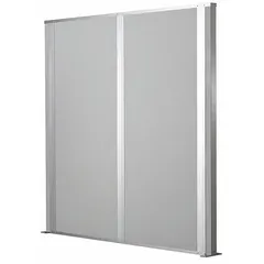 This 10 ft x 10 ft partition wall features a gray vinyl covering over an aluminum frame with an unfinished finish. It includes a floor track for installation. Suitable for dividing open spaces in commercial or industrial environments such as offices, warehouses, or trade shows.