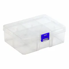 Clear plastic small parts storage box with adjustable dividers for custom compartment sizes. Single latch secures the lid. Suitable for organizing screws, nuts, bolts, and electronic components in workshops, garages, and industrial settings.
