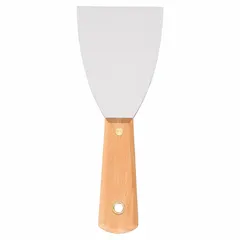 Standard scraper with a full carbon steel blade and wood handle. Features a tapered blade shape and a standard end. Overall length of 8 inches. Suitable for removing paint, adhesive, and other buildup from flat surfaces in general maintenance and construction tasks.